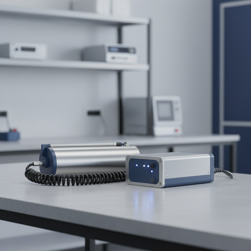 Un appareil de mesure électronique tubulaire argenté avec un câble en spirale noir et un boîtier de commande numérique posés sur une table de laboratoire.