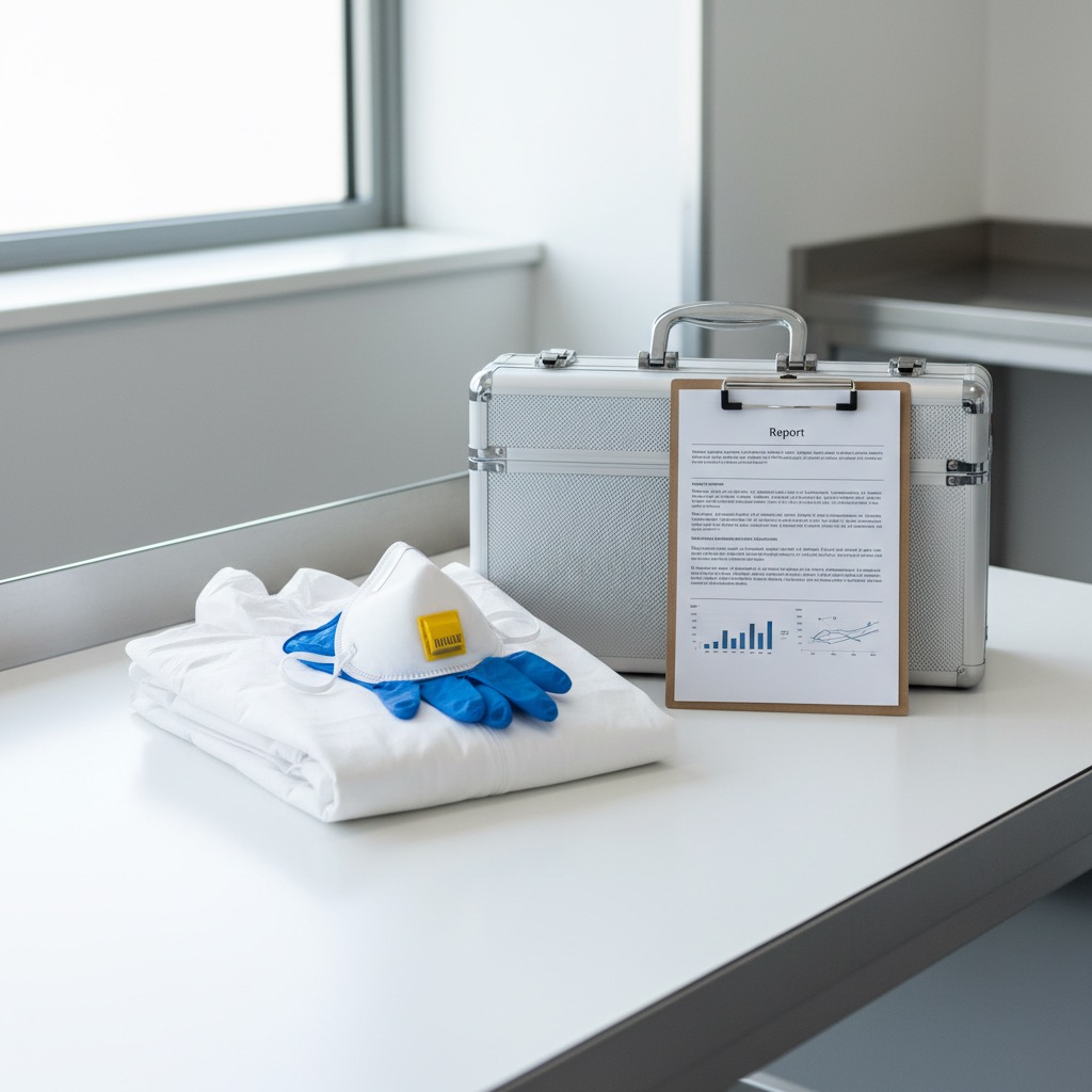 Une mallette métallique, une combinaison de protection pliée, un masque facial et des gants en latex bleus sont disposés sur une table de laboratoire.