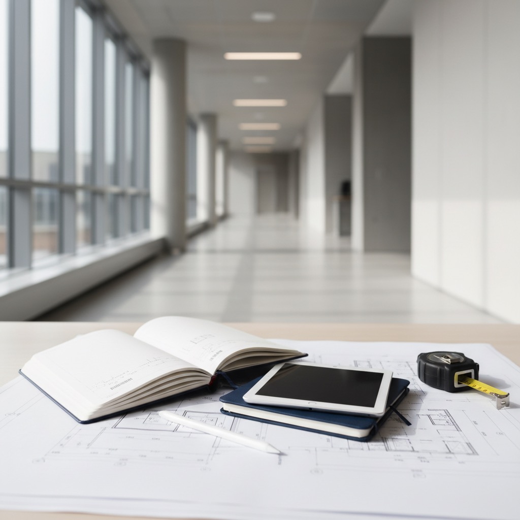 Un carnet ouvert, une tablette numérique et un ruban à mesurer sont posés sur des plans architecturaux dans un couloir de bureau lumineux.