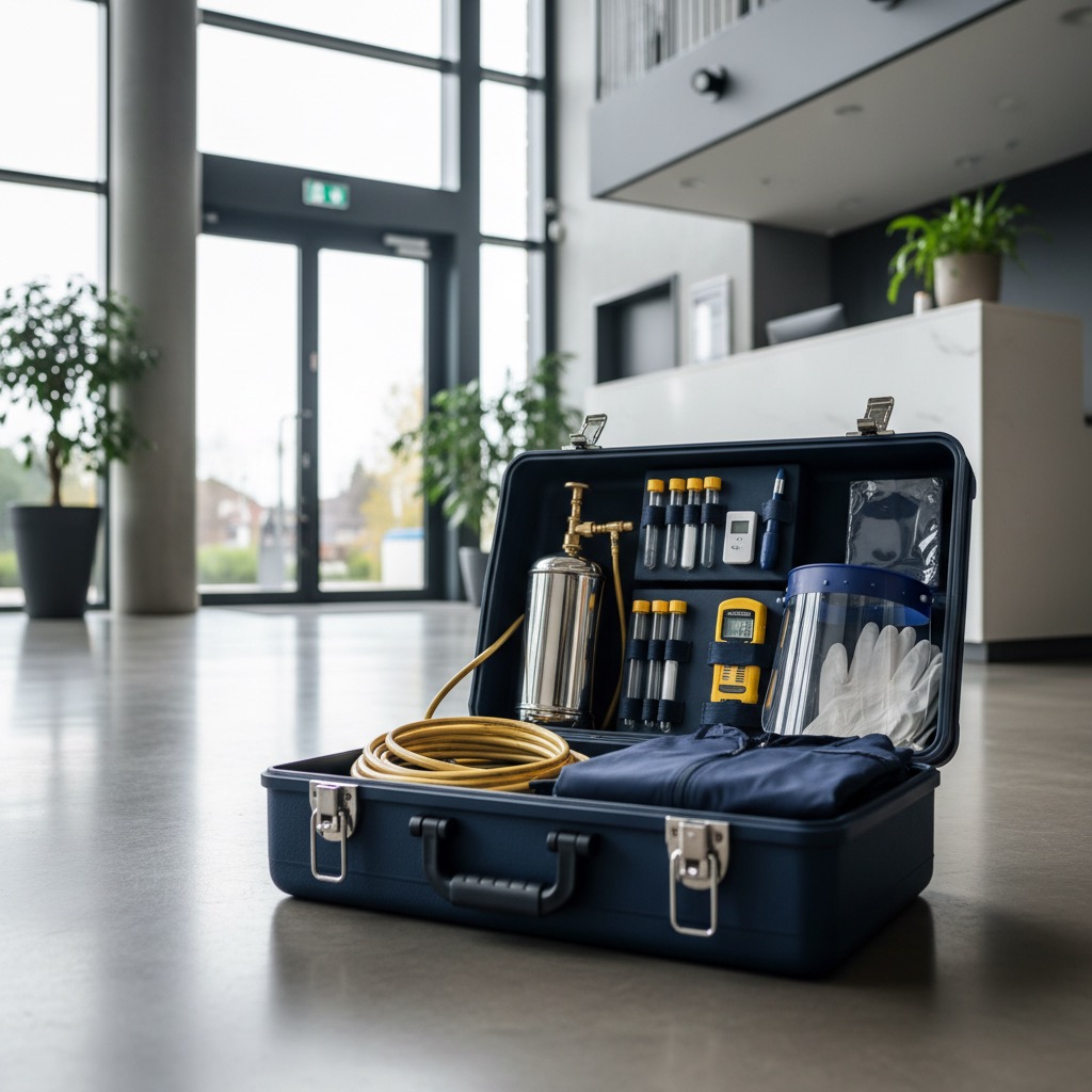 Une mallette bleue ouverte contenant du matériel technique, des flacons de prélèvement et des équipements de protection individuelle est posée sur le sol d'un hall d'entrée d'entreprise.