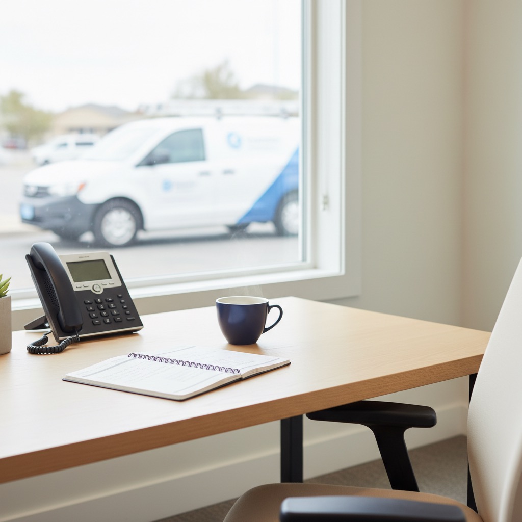 Un bureau en bois clair est disposé près d'une fenêtre avec, dessus, un carnet ouvert, une tasse de café fumante et un téléphone fixe.
